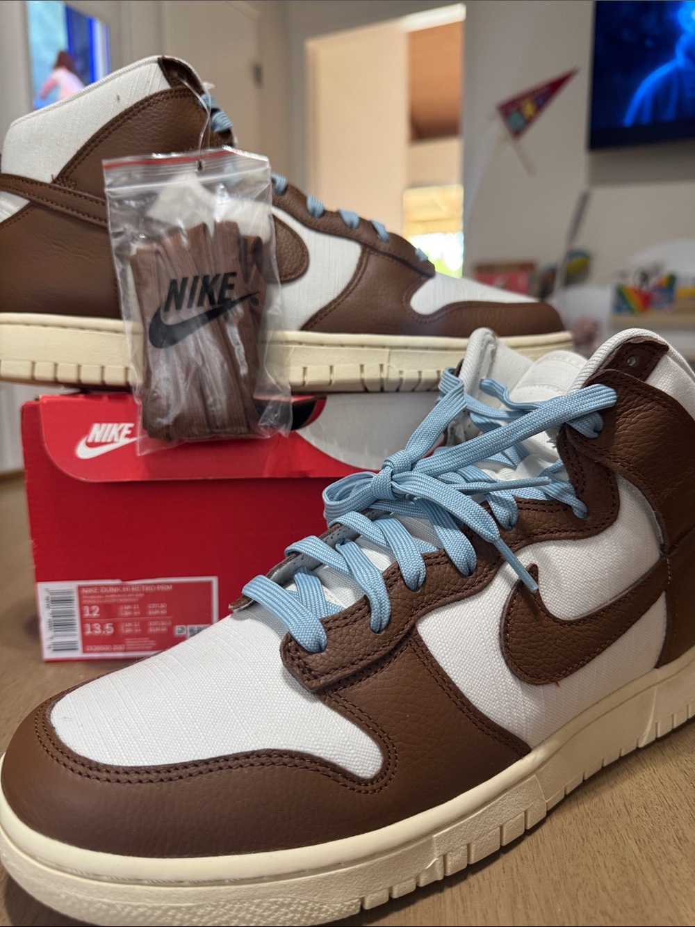Nike Dunk Hi Retro PRM Brown & White with Light Blue Laces